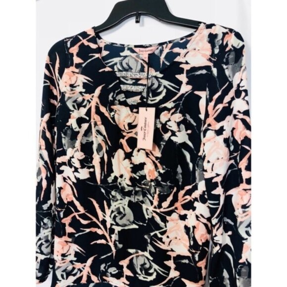 Juicy Couture Womens Blue Floral Rhinestone V Neck Long Sleeve Blouse Sz XS New - Picture 3 of 9